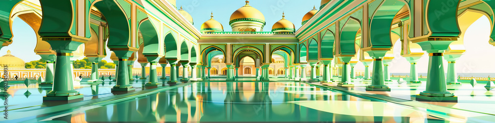 Obraz premium An abstract representation of a Sikh gurdwara's intricate archways and domes, its vivid greens and golds evoking the richness