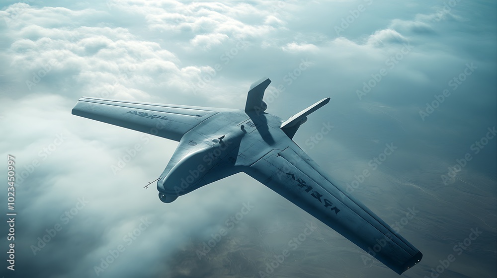 Fototapeta premium A sleek, modern drone flying above the clouds, showcasing its aerodynamic design and advanced technology.