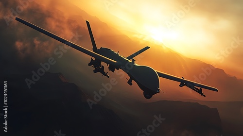 A silhouette of a drone flying against a sunset backdrop, highlighting its role in surveillance or reconnaissance.