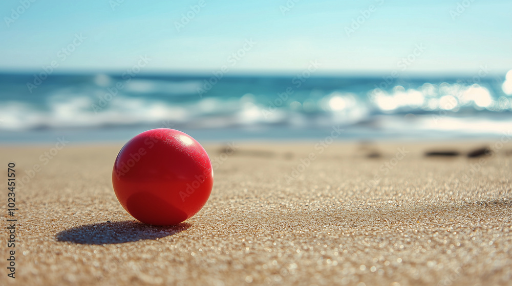 A red clown nose lies on a sandy beach under the bright sun. In the background, a blurred blue sea with gentle waves creates a serene and carefree atmosphere A red clown nose lies on a sandy beach under the bright sun. In the background, a blurred blue sea with gentle waves creates a serene and carefree atmosphere