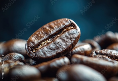 Single roasted coffee bean balancing on a pile of beans