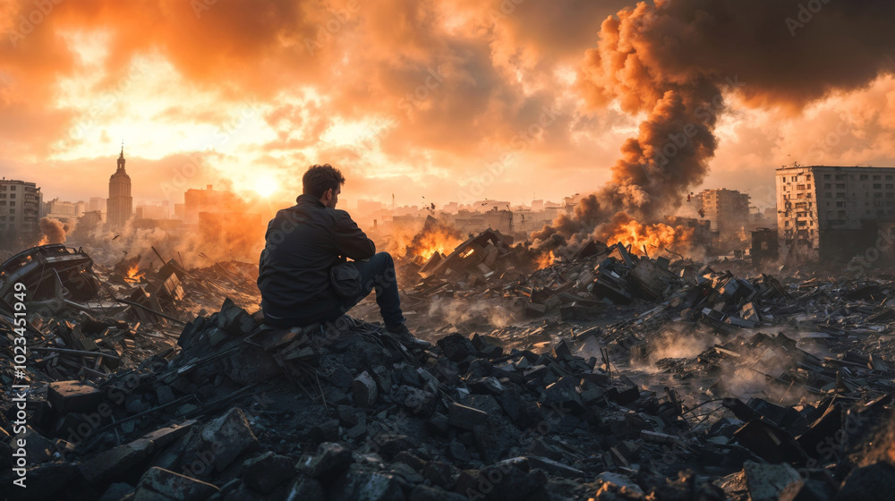 Obraz premium A man sits on rubble gazing at the sunset over a city