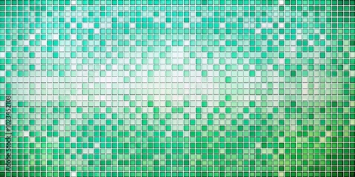 High angle abstract white cyan pixels bright green shades grid square mosaic pattern mint gradient background with blank space