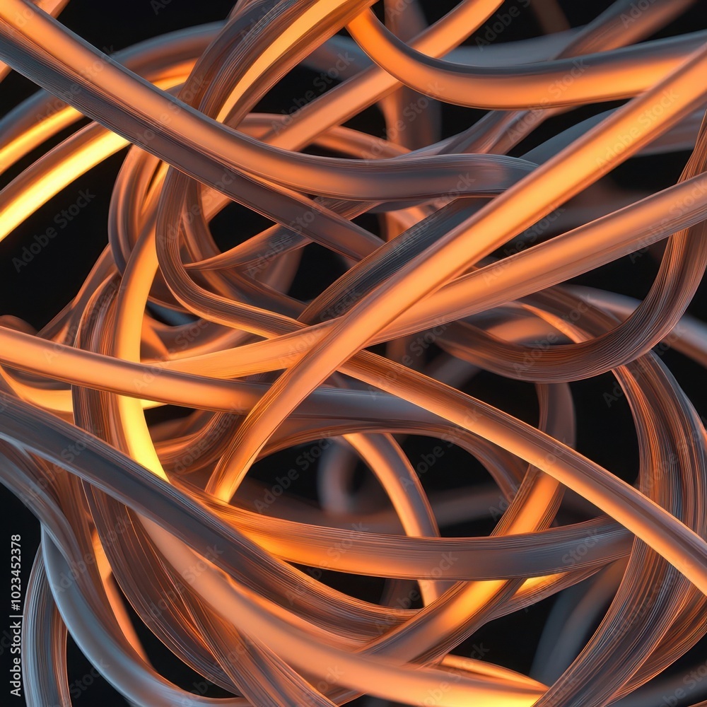 An abstract representation of intertwined glowing cables, showcasing vibrant orange light against a dark backdrop, creating a dynamic flow of energy. An abstract representation of intertwined glowing cables, showcasing vibrant orange light against a dark backdrop, creating a dynamic flow of energy.