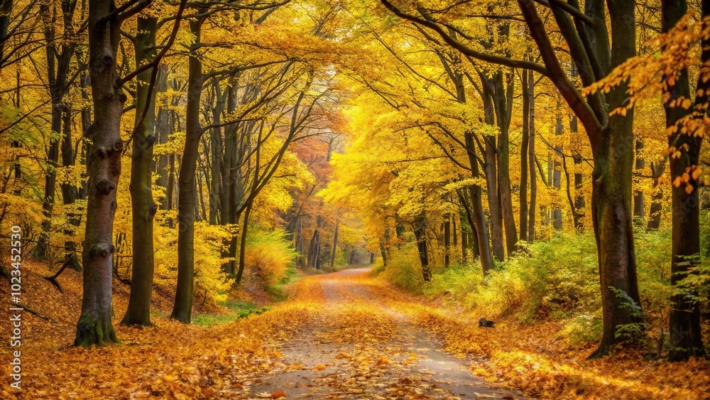Fototapeta premium High Angle Autumn forest path strewn with yellow leaves