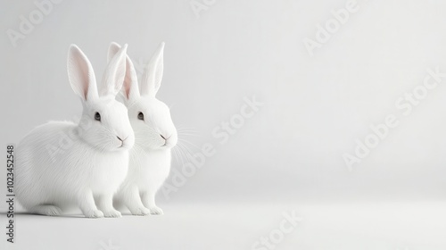 A pair of white rabbits with long ears, 3D rendering, soft light, isolated on white background