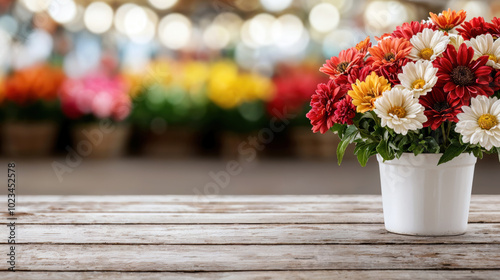 Colorful flowers in a pot resting on a wooden table