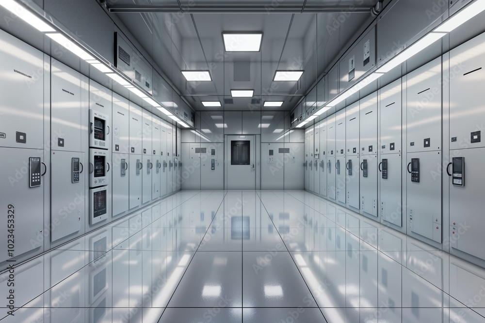 Obraz premium Electrical Substation Control. Indoor switchgear with illuminated panels.