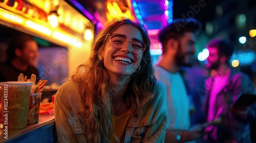 Happy Friends Enjoying Street Food at Night Market