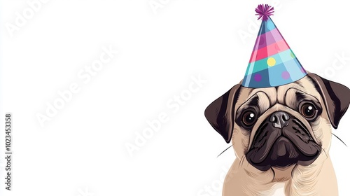 A pug wearing a party hat, vector art, playful and bright, isolated on white background