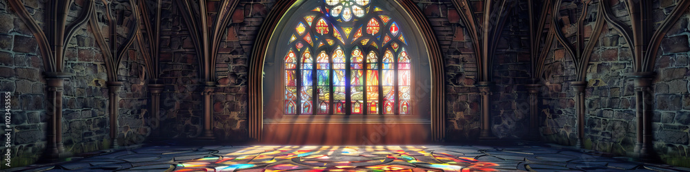 An ornate gothic archway framing a stained-glass window in a European castle chapel, casting colorful patterns onto the stone floor. An ornate gothic archway framing a stained-glass window in a European castle chapel, casting colorful patterns onto the stone floor.