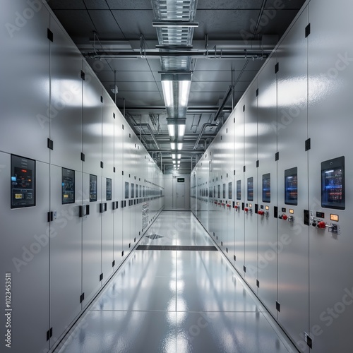 Electrical Substation Control. High-tech indoor switchgear in a modern electrical substation.