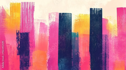 A vibrant abstract artwork featuring vertical brush strokes in shades of pink, orange, and black.