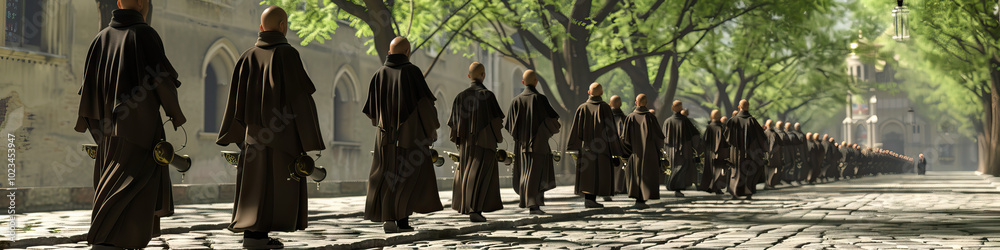 A solemn procession of Catholic monks, clad in their traditional habits, walking along a cobblestone path in a European monastery. A solemn procession of Catholic monks, clad in their traditional habits, walking along a cobblestone path in a European monastery.