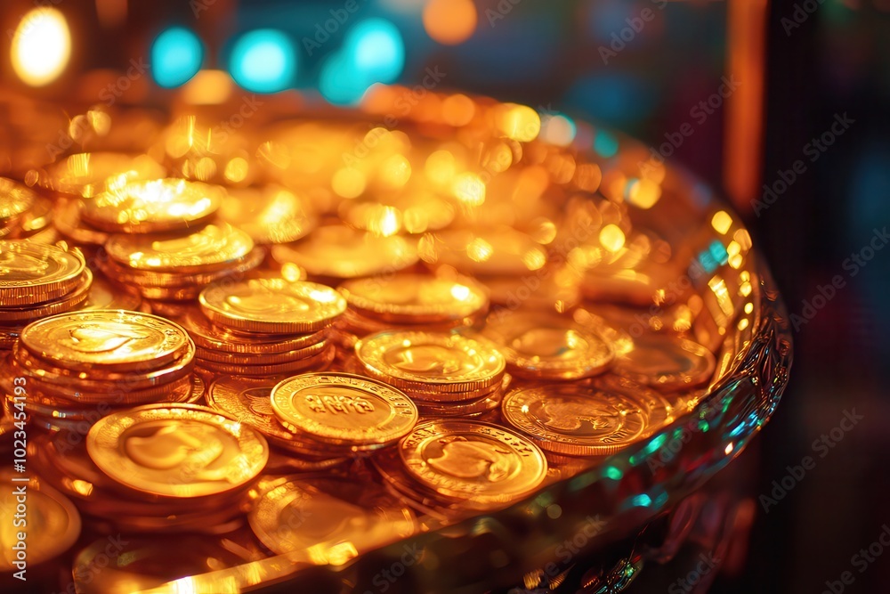 Close-up of shiny gold coins stacked in a pile, illuminated by warm light, creating a rich and luxurious ambiance. Close-up of shiny gold coins stacked in a pile, illuminated by warm light, creating a rich and luxurious ambiance.