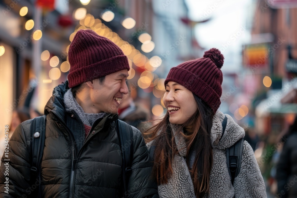 Asian couple laughing smile hats clothing.