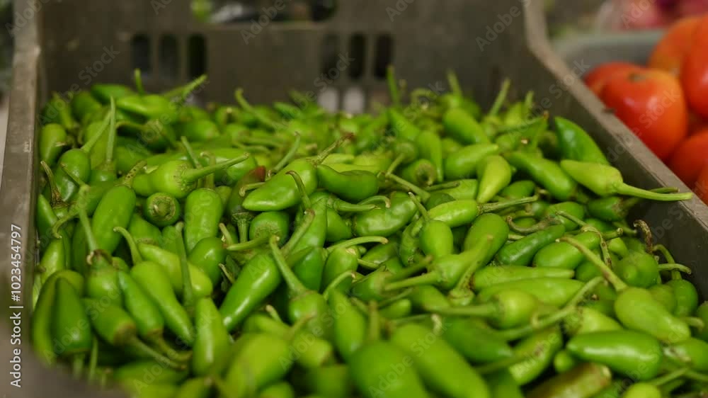 Fresh green chili peppers in a green plastic basket at a local market Fresh green chili peppers in a green plastic basket at a local market