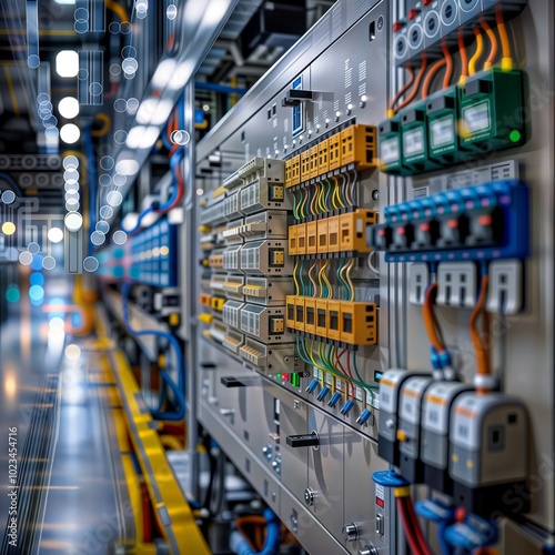 Electrical control panel. A close-up of a complex electrical control panel with various switches, wires, and indicators. It is located in a modern, industrial setting.