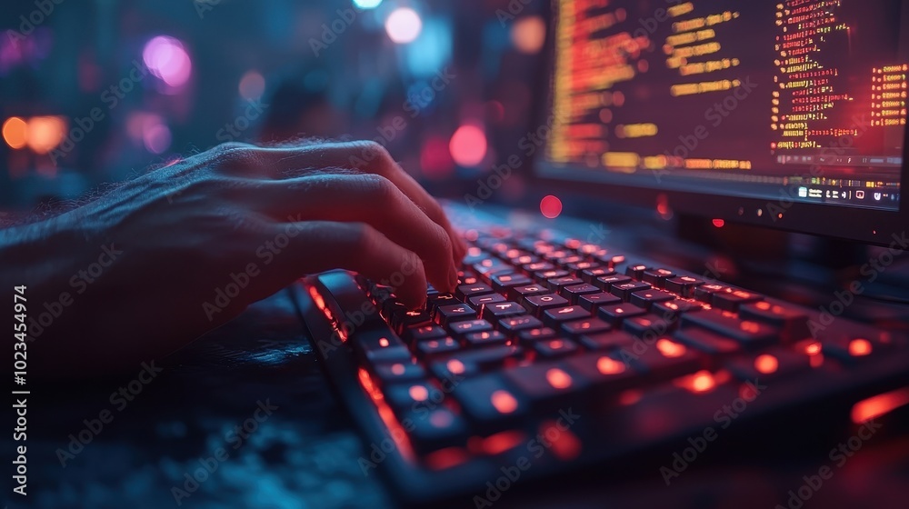 A focused hand typing on a glowing keyboard with colorful lights, set against a backdrop of code and digital aesthetics. A focused hand typing on a glowing keyboard with colorful lights, set against a backdrop of code and digital aesthetics.