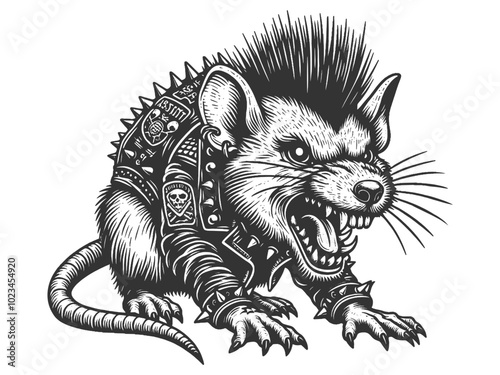 fierce punk rock rat wearing a studded jacket and mohawk, showcasing rebellion and attitude sketch engraving generative ai vector illustration. Scratch board imitation. Black and white image.