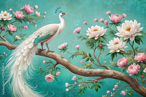 High angle Chinoiserie painting of white peacock on peony tree branch on turquoise background photo