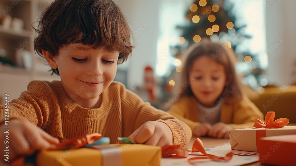 Boy and girl siblings joyfully wrapping Christmas gifts together, sharing a delightful moment of teamwork and excitement in preparation for the upcoming festive celebrations of New Year 2025 Boy and girl siblings joyfully wrapping Christmas gifts together, sharing a delightful moment of teamwork and excitement in preparation for the upcoming festive celebrations of New Year 2025