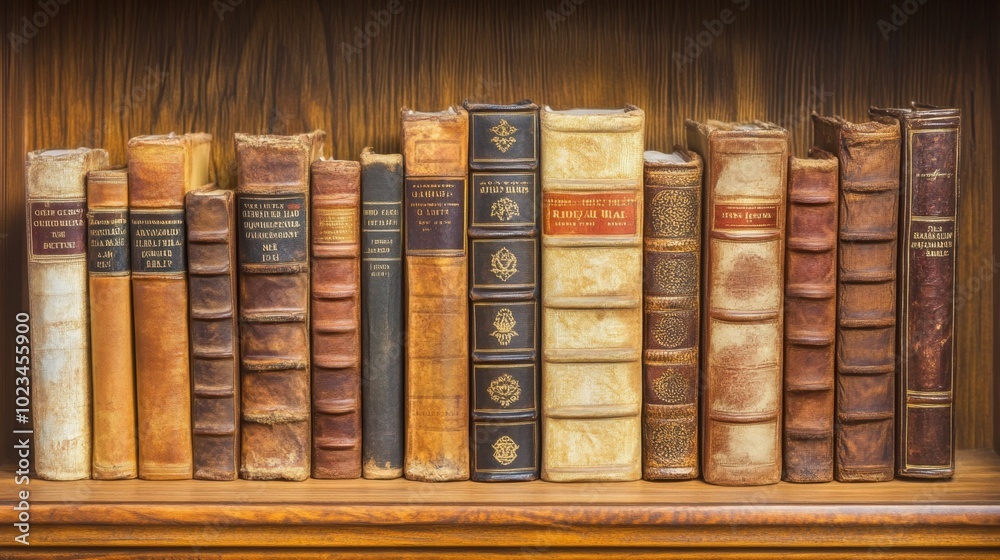 Antique books placed neatly on a wooden shelf, their yellowed pages and faded covers symbolizing a rich literary past Antique books placed neatly on a wooden shelf, their yellowed pages and faded covers symbolizing a rich literary past