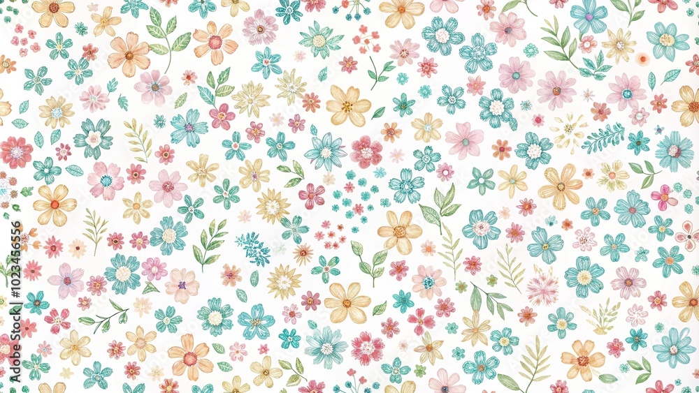 High angle cute small pastel color flowers on white background seamless pattern High angle cute small pastel color flowers on white background seamless pattern