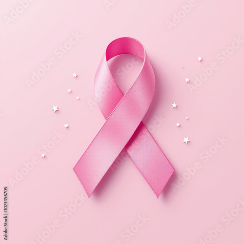 Dia Mundial de Combate ao Câncer de Mama. Laço rosa em um fundo rosa claro, cercado por pequenas estrelas. A imagem simboliza a conscientização e apoio ao combate ao câncer de mama.

