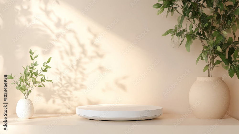 A serene interior scene featuring minimalist design with round white platform and two potted plants. soft lighting creates gentle shadows, enhancing calm atmosphere A serene interior scene featuring minimalist design with round white platform and two potted plants. soft lighting creates gentle shadows, enhancing calm atmosphere