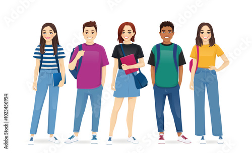 Multiethnic young people in casual clothes with backpacks and books. Smiling students standing isolated vector illustration