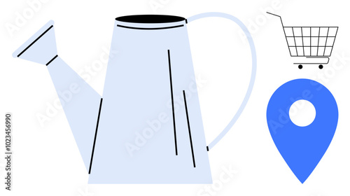 A light blue watering can with black details stands next to a blue location pin and a simple shopping cart icon in black and white. Ideal for gardening, e-commerce, navigation, shopping, online