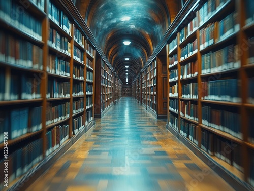 abstract blurred interior of an empty college library, showcasing bookshelves with defocused books, creating a calm backdrop for study and reflection