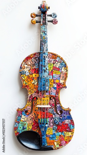 A visually stunning colorful violin showcasing a patchwork mosaic of musical patterns, highlighting creativity and the harmonious blend of colors and shapes. photo