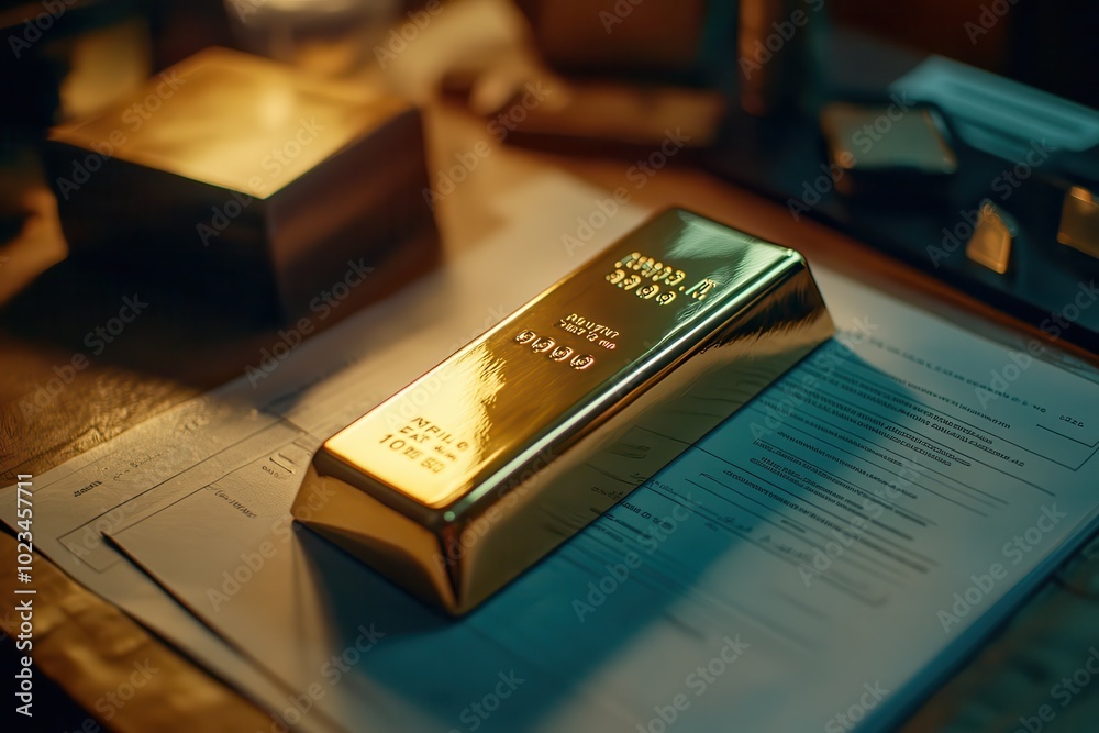 Shiny gold bar resting on business documents, reflecting warm lighting, symbolizing wealth, investment, and financial success. Shiny gold bar resting on business documents, reflecting warm lighting, symbolizing wealth, investment, and financial success.