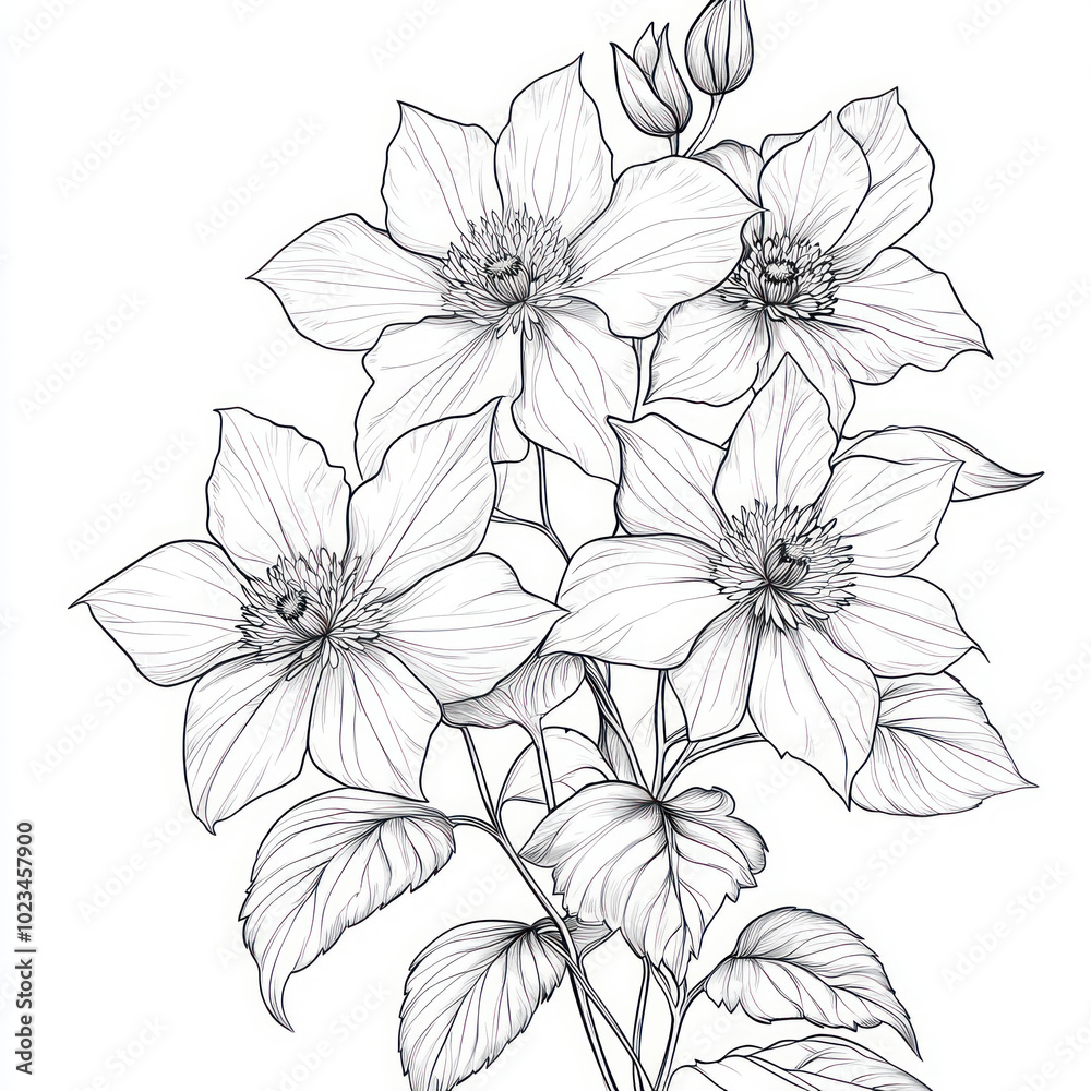 A Clematis, black and white handdrawn sketch, isolated on solid white background A Clematis, black and white handdrawn sketch, isolated on solid white background