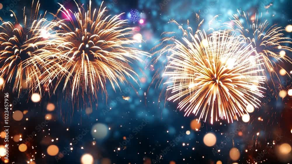 A stunning display of golden fireworks lighting up a blue night sky with bokeh lights and sparkles
