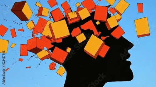 A silhouette of a head with colorful blocks exploding, symbolizing ideas and creativity.