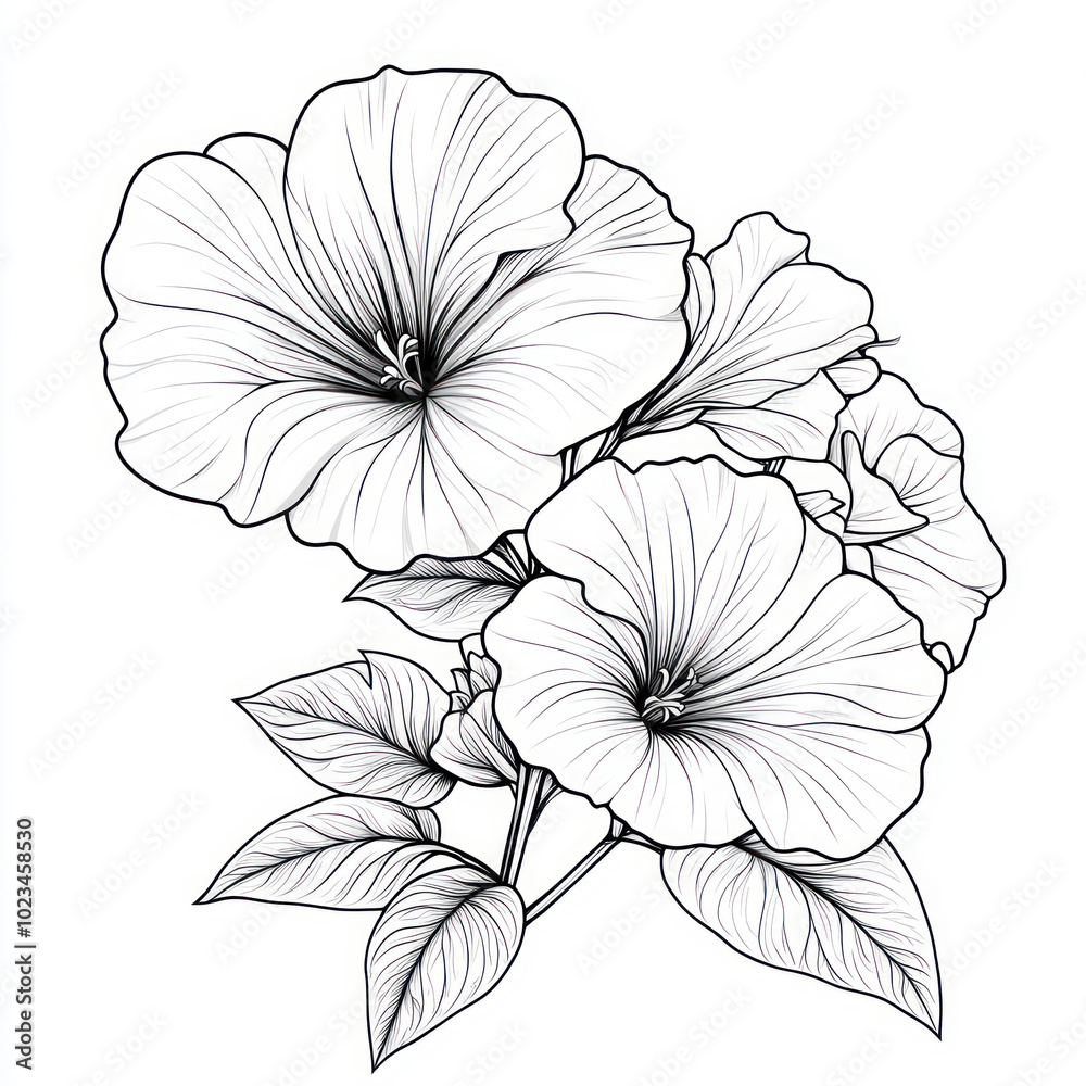 Fototapeta premium A Petunia, black and white handdrawn sketch, isolated on solid white background
