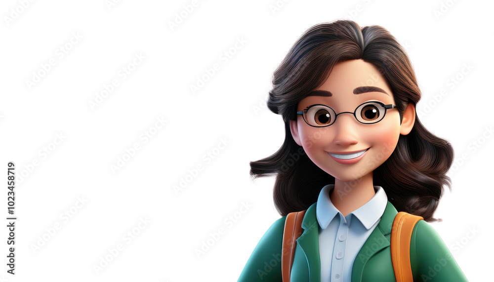 3D rendered cartoon image of a cheerful, young female history teacher. The character is depicted with purple glasses, a warm smile, dressed in a smart 3D rendered cartoon image of a cheerful, young female history teacher. The character is depicted with purple glasses, a warm smile, dressed in a smart