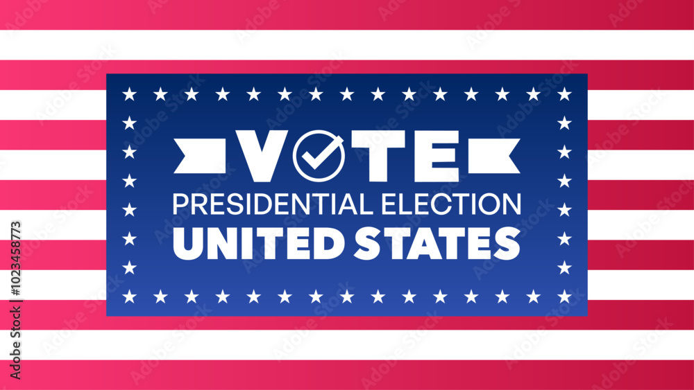 Vote Presidential Election United States with Check Mark and Stars Icon in Blue Square on Red Stripe Background