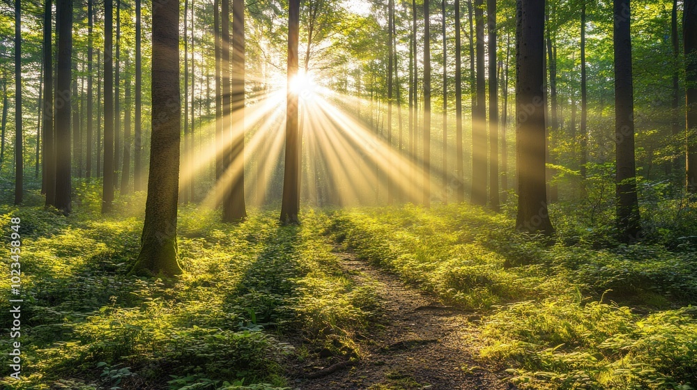 Fototapeta premium Sunlight streams through the trees in a dense forest, illuminating the path ahead.