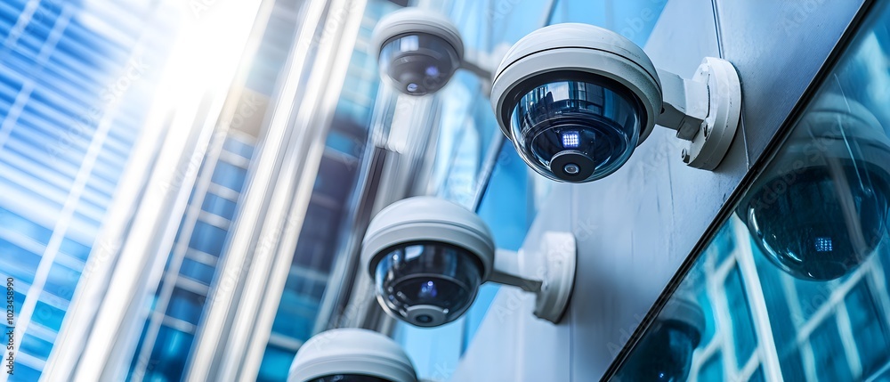 Modern Security Cameras on Building Exterior Modern Security Cameras on Building Exterior