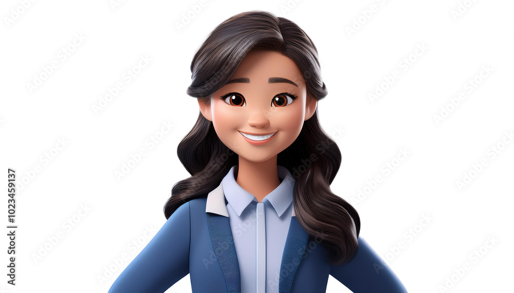 portrait of a business person, 3D rendered cartoon image of a cheerful, young female history teacher, The character is depicted, a warm smile portrait of a business person, 3D rendered cartoon image of a cheerful, young female history teacher, The character is depicted, a warm smile