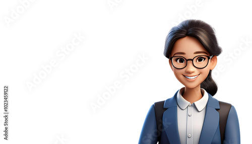 3D rendered cartoon image of a cheerful, young female history teacher. The character is depicted with purple glasses, a warm smile, and holding a book, dressed in a smart