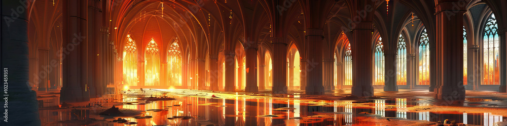 Gothic Cathedral at Dusk: Reflective Interior Gothic Cathedral at Dusk: Reflective Interior