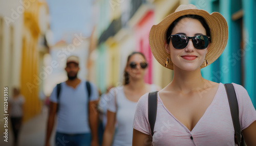 Exploring vibrant street, woman in sunglasses and hat smiles confidently while tourists stroll behind her, capturing essence of lively cultural experience