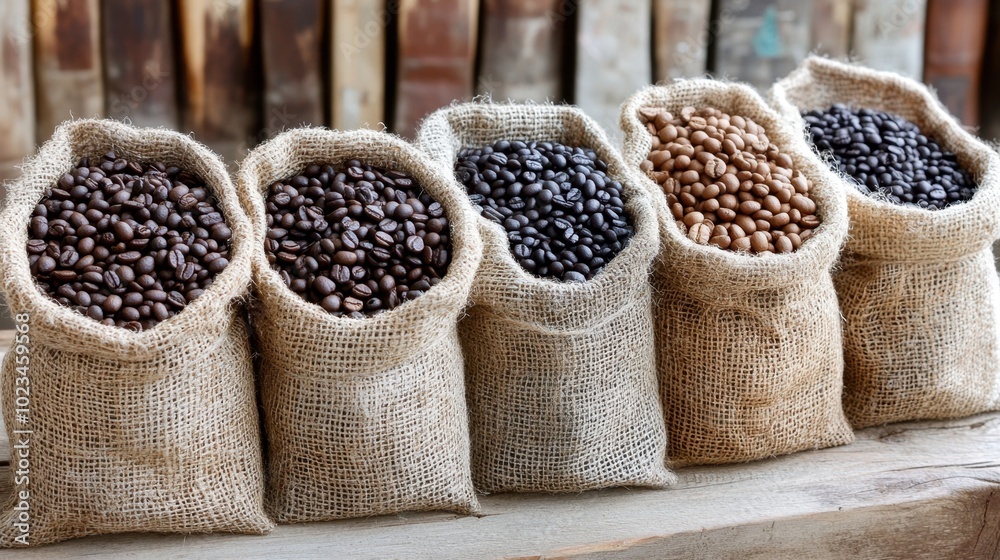Coffee beans in rustic bags, lined up in a supermarket, offering a rich and earthy variety of flavors. Coffee beans in rustic bags, lined up in a supermarket, offering a rich and earthy variety of flavors.