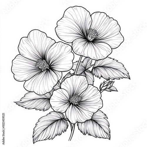 A Geranium, line pattern, black and white artwork style. Coloring book, zoom out, isolated on solid white background