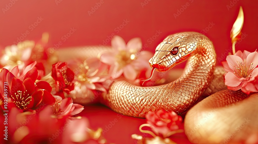 Fototapeta premium Golden Snake Surrounded by Red and Pink Flowers
